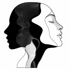 Poster encadré Abstract illustration of two female faces in black and white, one with eyes closed and one with eyes open, forming a yin-yang symbol.
