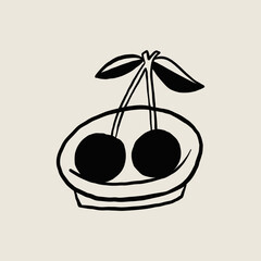 Fototapeta premium Minimalist Illustration Of Cherries In A Bowl With Leaves