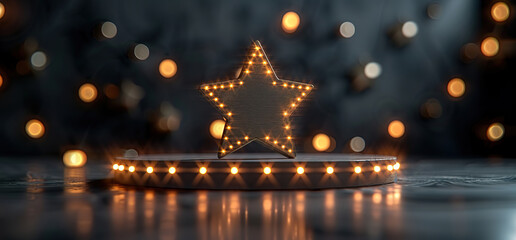A golden star with lights on a pedestal with a blurry bokeh background. Ideal for awards, success, celebration concepts.
