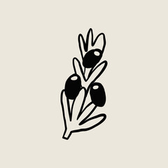 Minimalistic black and white illustration depicting a branch with olives and leaves. Perfect for nature-themed designs or food-related projects