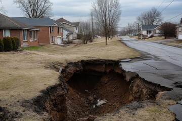Large sinkhole in suburban neighborhood street