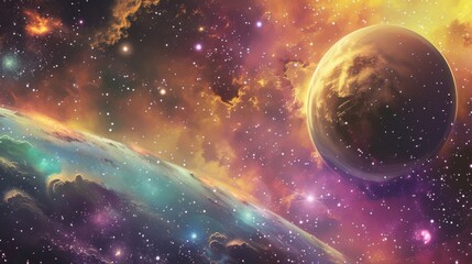 Naklejka premium A stunning cosmic landscape showcasing a vibrant nebula filled with a spectrum of colors, featuring a prominent planet in the foreground. The scene evokes a sense of wonder and the infinite beauty of