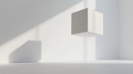 Stylized 3D white box mockup floating with focused lighting casting dynamic shadows on a white surface