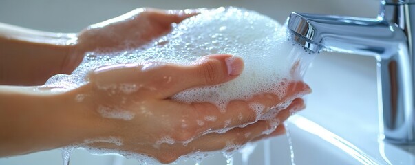 Fototapeta premium Close-up of hands washing with soap in a bathroom, detailed focus on water and soap bubbles, hand hygiene, germ prevention