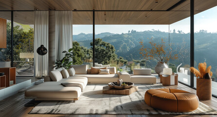 Fototapeta premium Hilltop villa, Minimalist living room, solid wood, leather sofa. Generative AI.