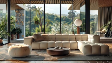 Hilltop villa, Minimalist living room, solid wood, leather sofa. Generative AI.