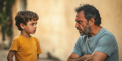 Fototapeta premium A father and son are having a serious discussion.