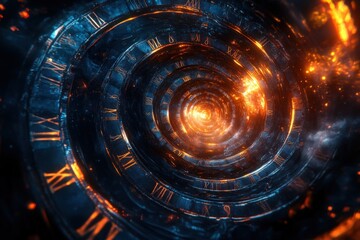 Obraz premium A stunning digital art piece representing a spiraling time vortex with roman numerals and cosmic elements, symbolizing infinity.Perfectly usable for all kind of topics related to time and history