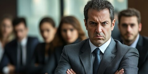A stern businessman with crossed arms.