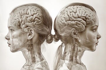 Cognitive chip Cognitive interface Detailed anatomical sketch of two human heads with exposed brains symbolizing a deep intellectual and emotional connection between individuals