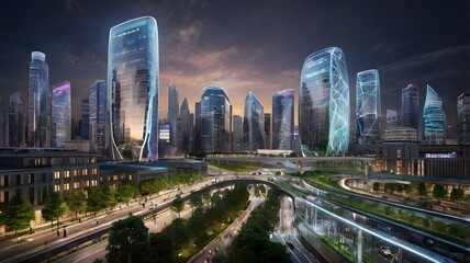 Fototapeta premium Executives discuss AI-driven strategies in a futuristic setting.