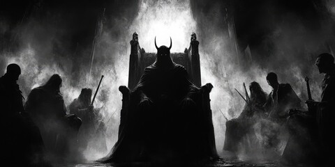 Dark lord sits on throne surrounded by his retinue. Myths and legends of forgotten era.. Gloomy silhouettes. Spooky illustration. Horror fantasy genre. Scary character. Black and white background