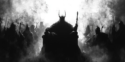 Dark lord sits on throne surrounded by his retinue. Myths and legends of forgotten era.. Gloomy silhouettes. Spooky illustration. Horror fantasy genre. Scary character. Black and white background