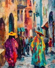 Fototapeta premium Vibrant Bohemian Tour Guide Leads Group Through Colorful City Alleyway