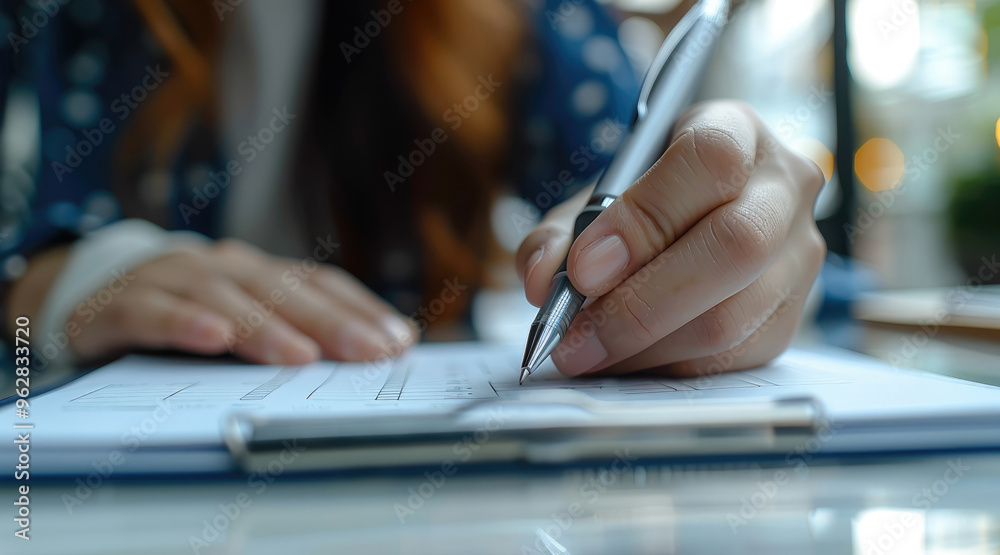 Leinwandbilder Asian woman hand use pen to write and check about progress or procedure of strategy and resolve for business plane, at a clean and white desk. Generative AI.