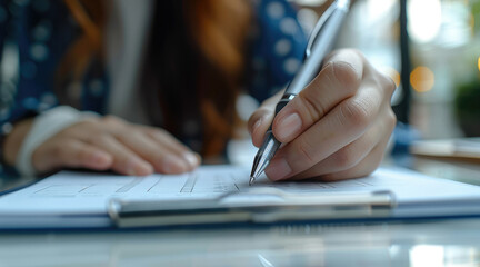 Asian woman hand use pen to write and check about progress or procedure of strategy and resolve for business plane, at a clean and white desk. Generative AI.