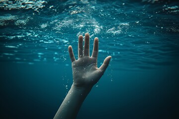 A hand reaches out of the water, fingers spread, reaching for help. There are air bubbles surrounding the hand.