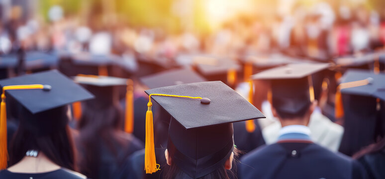Rear view of a group of graduates in caps and gowns, celebrating their achievement. The image captures the joy and excitement of graduation day.