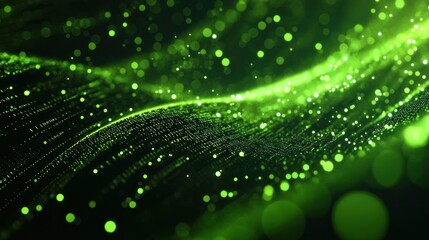 Abstract Green Wave with Glowing Particles