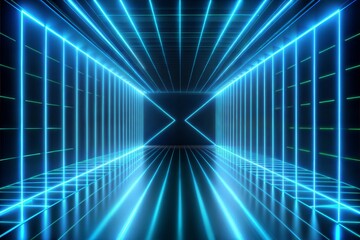 Futuristic neon light tunnel with blue glowing gridlines and illusion of depth