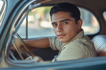 Obraz premium A portrait of a young hispanic man in a vintage car