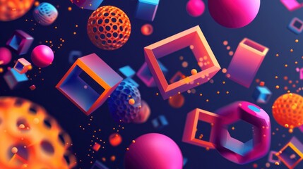 The bright background features abstract geometric shapes in a spectrum of bright colors, creating a dynamic and lively composition.