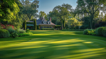 Obraz premium Beautiful home in the background of an impressive, well-maintained golf course with lush green grass and trees. Generative AI.