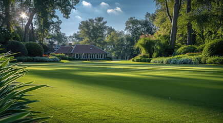 Obraz premium Beautiful home in the background of an impressive, well-maintained golf course with lush green grass and trees. Generative AI.
