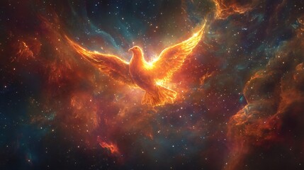 Obraz premium A fiery dove soars through a nebula of swirling cosmic gas and stars.