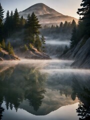 A serene mountain lake at sunrise with mist rising from the water and trees reflected in the surface