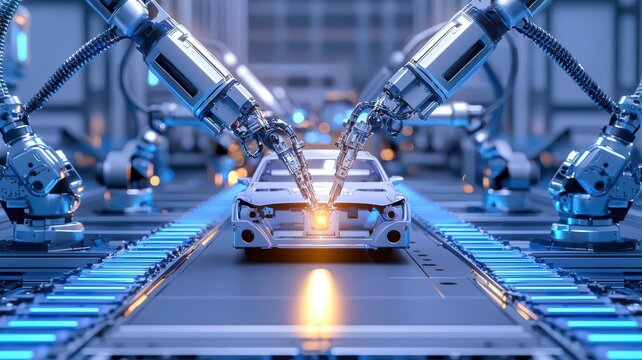 Advanced robotic assembly line producing vehicles, photorealistic, industrial greys and blues, sharp focus, metal textures, complex mechanical parts moving in sync