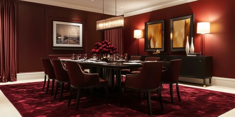 Red dining room with table, chairs, and rug.
