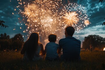 Fireworks Party. A happy family watching a fireworks display 