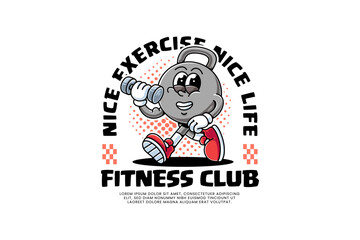 kettlebell fitness gym retro cartoon character mascot illustration with walking pose and holding dumbell for  fitness gym bodybuilding weightlifting sport club mascots and merchandise