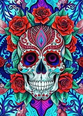 Vibrant Skull Roses Colorful Art Day of Dead Celebration Design