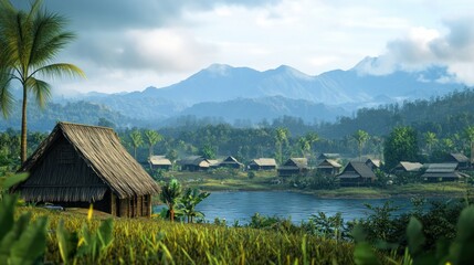 Obraz premium Tranquil Village in the Mountains