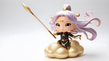Obraz premium Sun Wukong, a female cartoon version, with long pastel colored hair, riding a golden cloud.