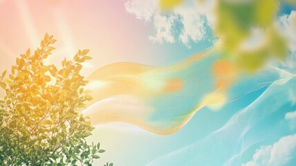 Obraz premium Abstract sign symbolizing freedom and happiness, with dynamic flowing lines set against a vibrant naturalistic background of sky and greenery