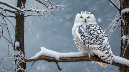 Winter scene with snowy owl on icy tree branch