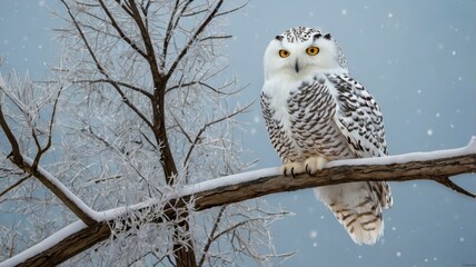 Obraz premium Winter scene with snowy owl on icy tree branch 