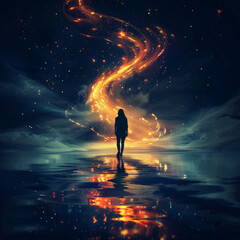 Obraz premium A silhouette walks toward a swirling, fiery cosmic vortex in a reflective, starry landscape, symbolizing a journey into the unknown and mystical exploration.