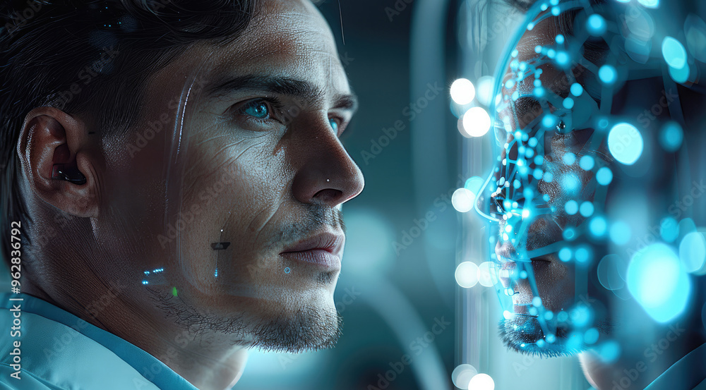 Aufkleber a doctor who is half human and half hologram. intended to draw emotional attention to the connection