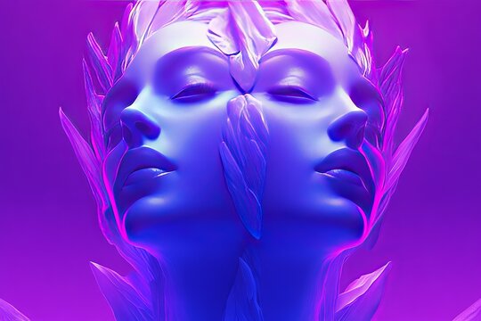 Brain enhancement technology Neural integration Futuristic digital art of a glowing purple head with multiple profiles symbolizing identity multiplicity and neural complexity