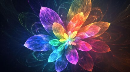 Obraz premium Dreamlike abstract flower blooms in rainbow colors, radiating ethereal light with luminous petals on a dark background