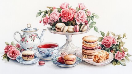 Watercolor illustration of British afternoon tea,tea break in the English style,tea set with Afternoon tea stand with macaroons and scone,cake,cup of tea,Tea time dessert table,vintage style.