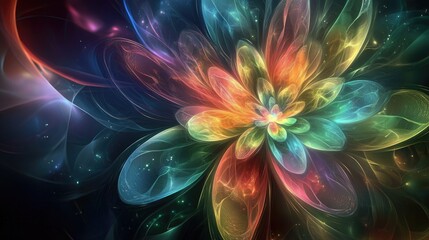 Obraz premium Dreamlike abstract flower blooms in rainbow colors, radiating ethereal light with luminous petals on a dark background