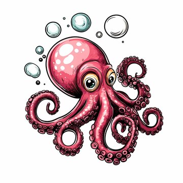 recommend clip art: Cartoon illustration of a pink octopus with big eyes and eight tentacles, surrounded by bubbles.