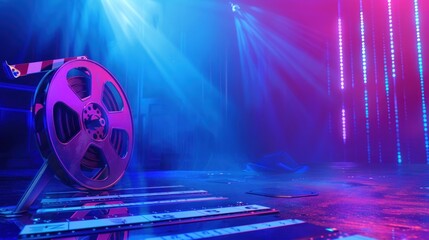 3D film strip and film reel with clapperboard on blue background