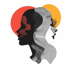 Two overlapping silhouettes of a woman's face in profile, one black and one white, with a red and orange circle behind. The design is made up of horizontal lines.