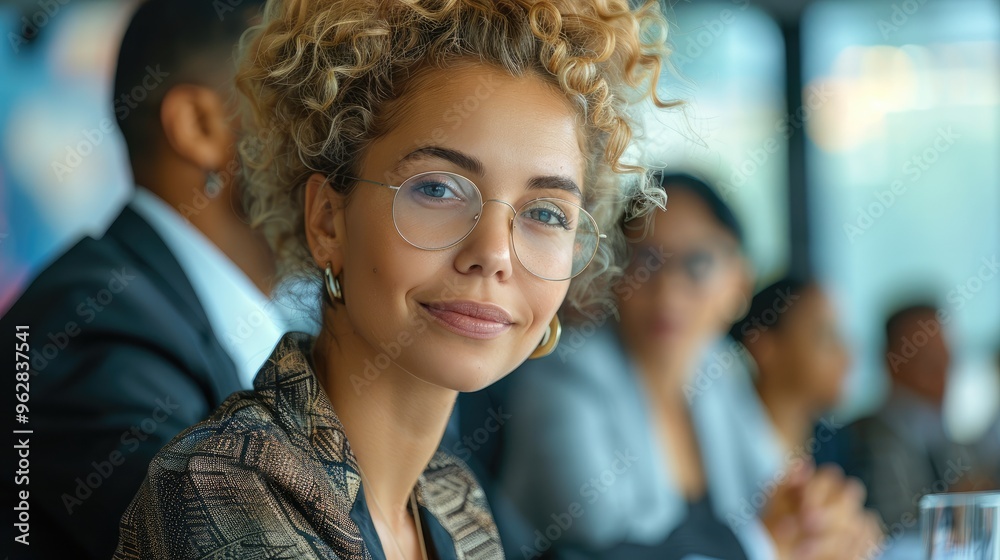 Aufkleber Portrait of a woman in a meeting with a team of diverse professionals at the negotiation table. Generative AI.
